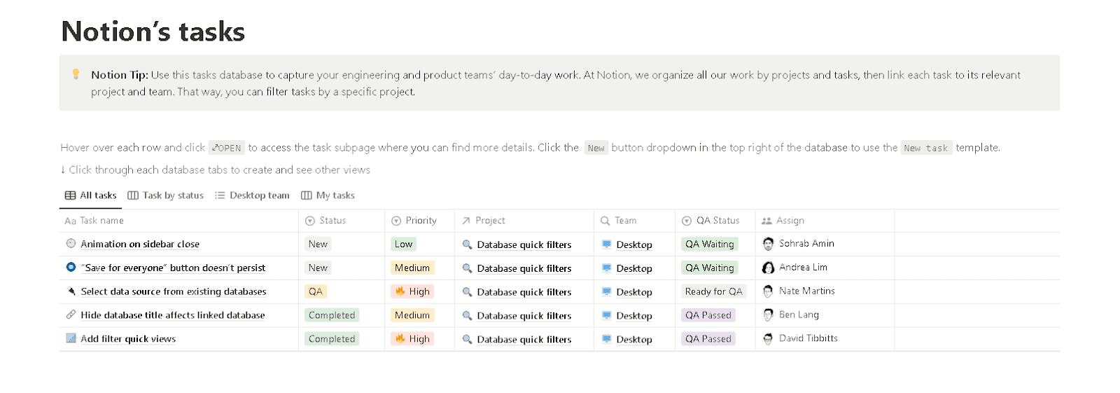 Notion's tasks template